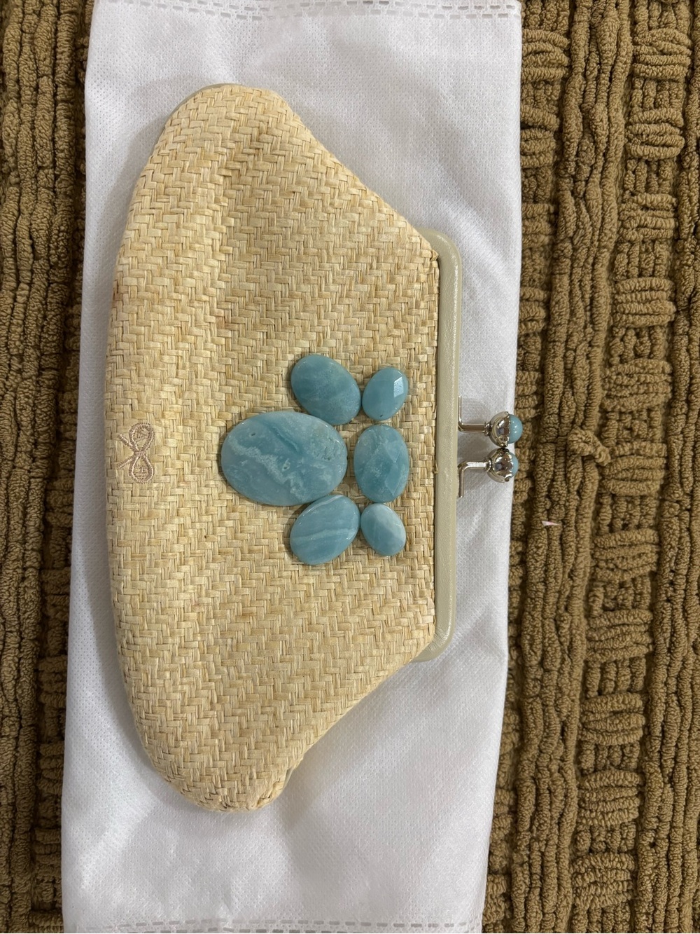 Anya Hindmarch Maud Beige Straw Clutch with Turquoise Stone Accents